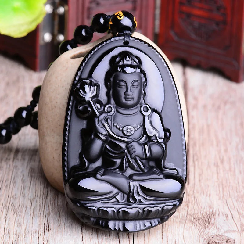 Amitabha Buddha Obsidian Necklace - Shield Against Negativity, Inner Peace