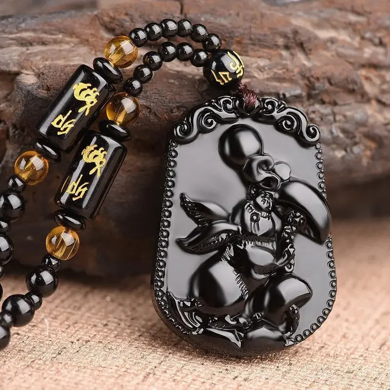 Hand-Carved Obsidian Money Buddha Necklace - Attract Prosperity and Fortune