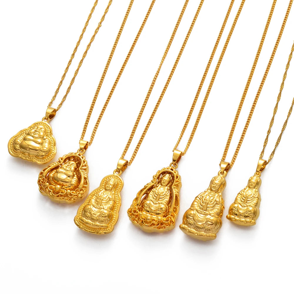 Chinese-Style Gold-Plated Guan Yin Necklace - A Symbol of Compassion & Protection