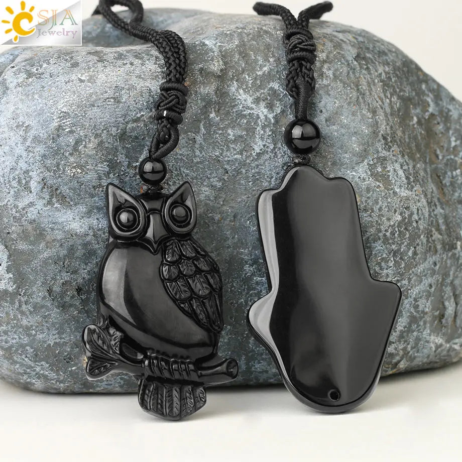 Obsidian Natural Stone Necklace - Wolf Buddha Sculpture for Strength