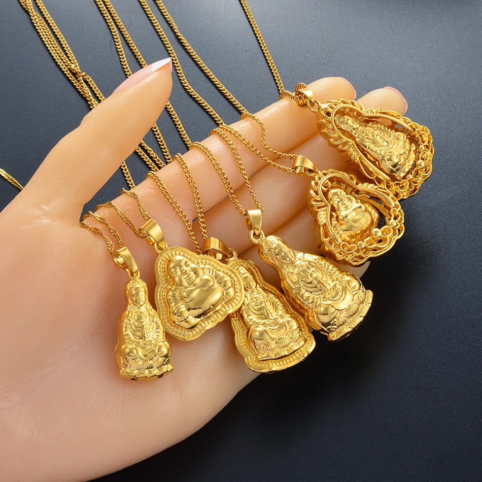 Chinese-Style Gold-Plated Guan Yin Necklace - A Symbol of Compassion & Protection