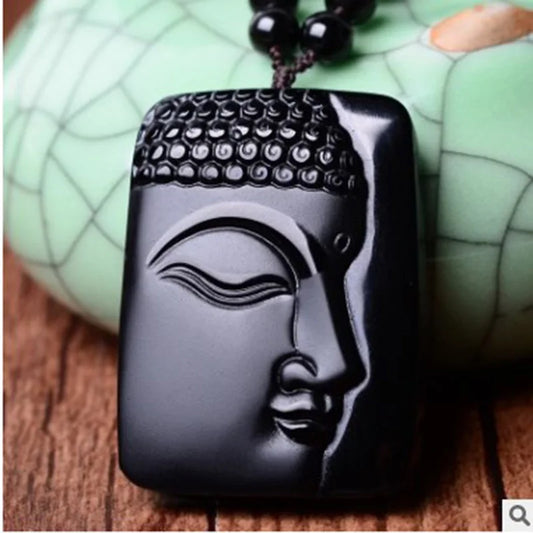 Natural Stone Black Obsidian Carved Buddha Shakyamuni  Amulet Lucky Pendant  Jewelry Chinese Handmade Gift