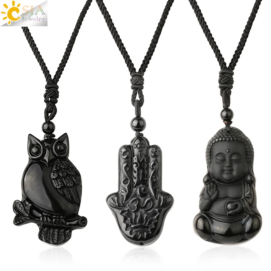 Obsidian Natural Stone Necklace - Wolf Buddha Sculpture for Strength